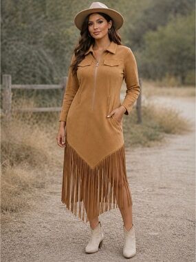 OYROSY Western Fringe Dress Faux Suede Cowgirl Knee Length Midi Fringe Ham Tan S